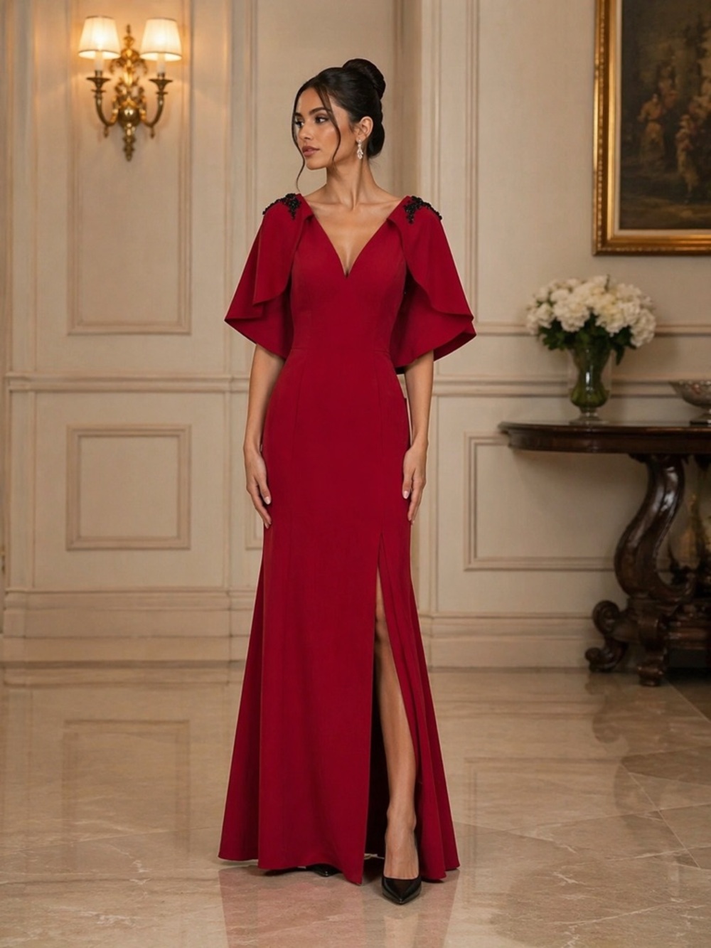 Marchesa Notte Red Evening Gown Size 4 Cape Sleeve
